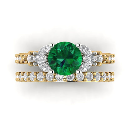 2.94 cttw Round Cut Simulated Emerald Bridal Set - Solid Yellow/White Gold Engagement Ring & Wedding Band