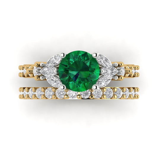 2.94 cttw Round Cut Simulated Emerald Bridal Set - Solid Yellow/White Gold Engagement Ring & Wedding Band