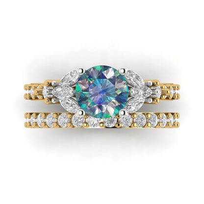 2.94 cttw Round Cut Blue Moissanite Bridal Set - Solid Yellow/White Gold Engagement Ring & Wedding Band