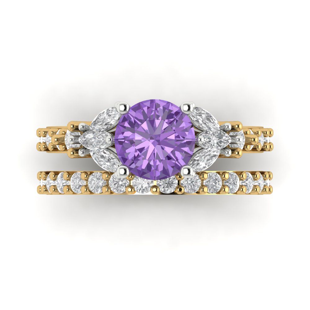 2.94 cttw Round Cut Simulated Alexandrite Bridal Set - Solid Yellow/White Gold Engagement Ring & Wedding Band