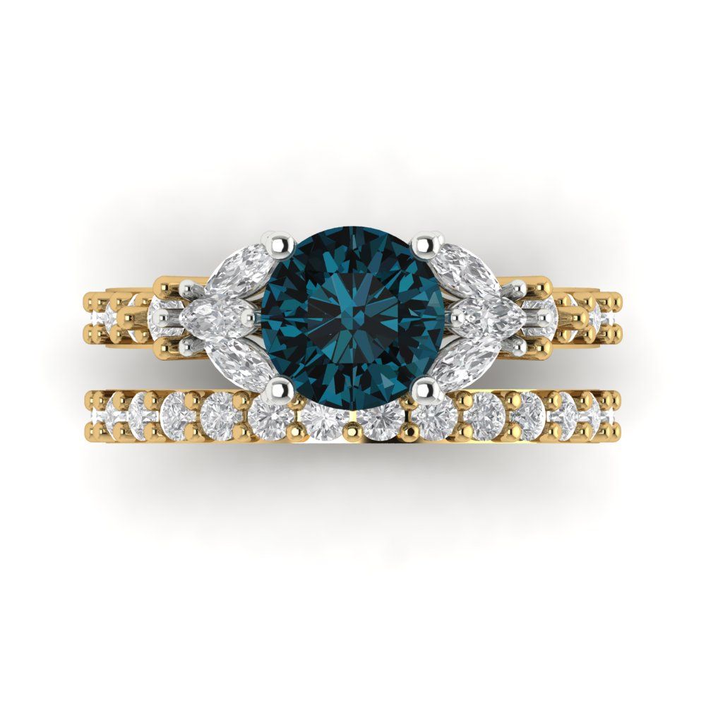 2.94 cttw Round Cut Natural London Blue Topaz Bridal Set - Solid Yellow/White Gold Engagement Ring & Wedding Band