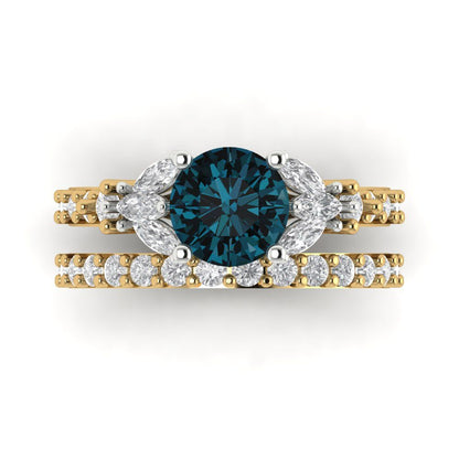 2.94 cttw Round Cut Natural London Blue Topaz Bridal Set - Solid Yellow/White Gold Engagement Ring & Wedding Band
