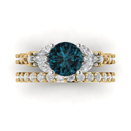 2.94 cttw Round Cut Natural London Blue Topaz Bridal Set - Solid Yellow/White Gold Engagement Ring & Wedding Band