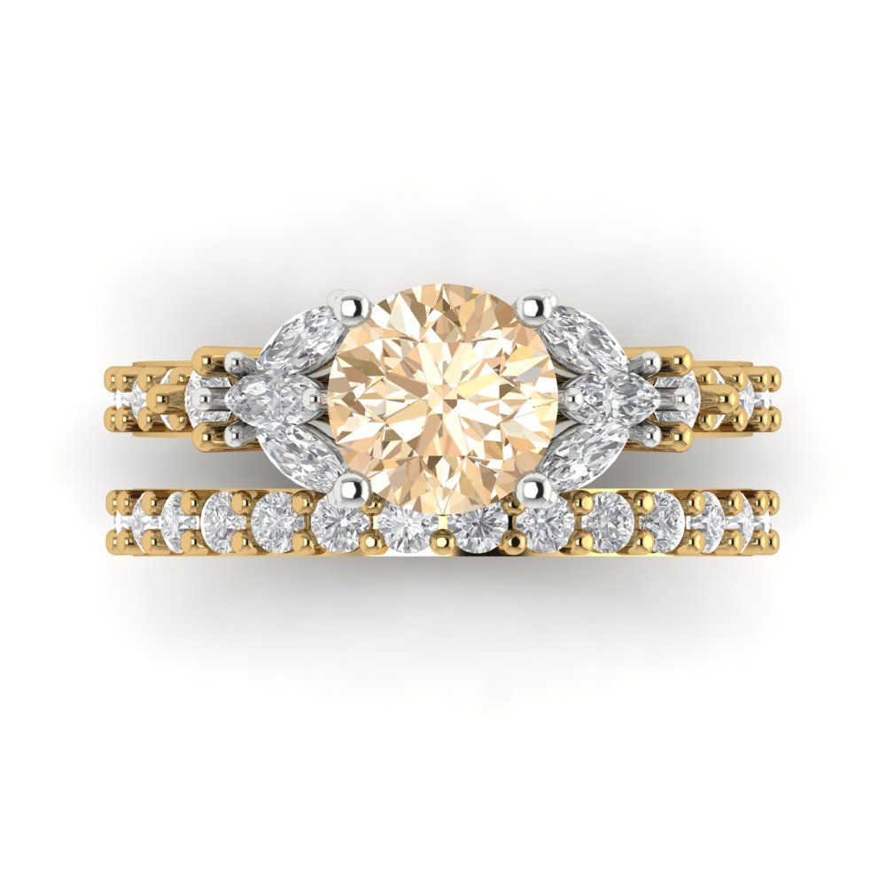 2.94 cttw Round Cut Natural Morganite Bridal Set - Solid Yellow/White Gold Engagement Ring & Wedding Band