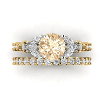 2.94 cttw Round Cut Natural Morganite Bridal Set - Solid Yellow/White Gold Engagement Ring & Wedding Band