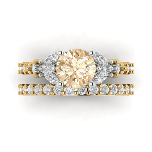 2.94 cttw Round Cut Natural Morganite Bridal Set - Solid Yellow/White Gold Engagement Ring & Wedding Band