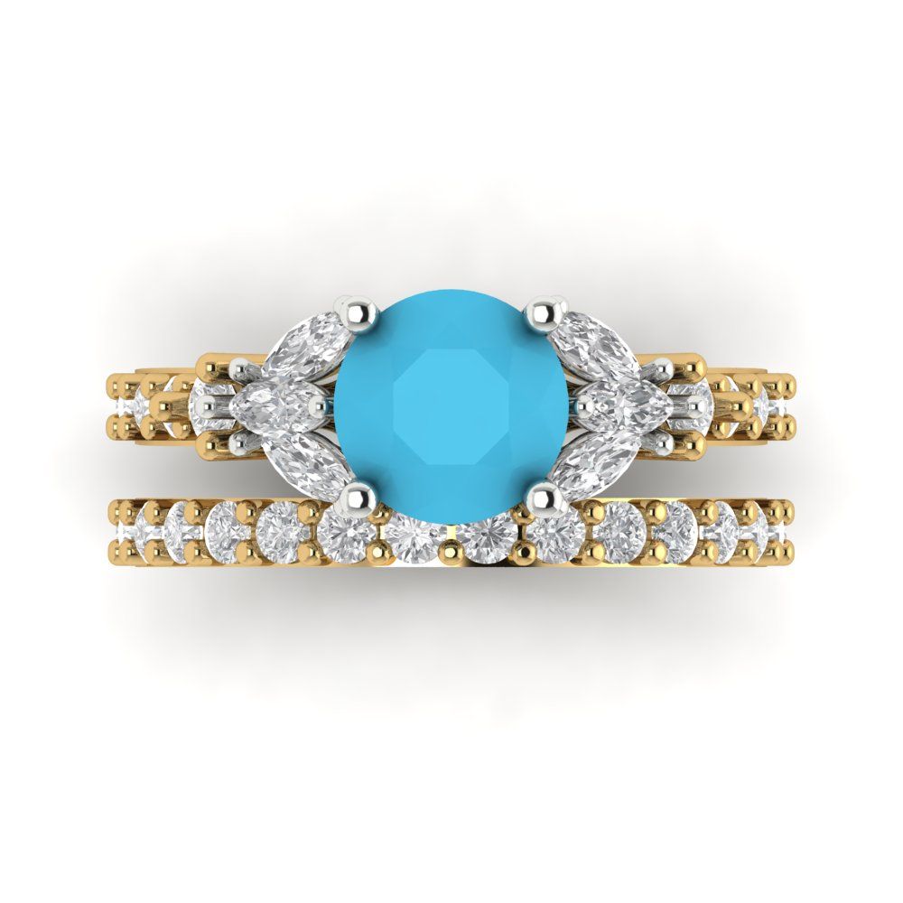 2.94 cttw Round Cut Simulated Turquoise Bridal Set - Solid Yellow/White Gold Engagement Ring & Wedding Band