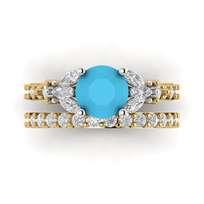 2.94 cttw Round Cut Simulated Turquoise Bridal Set - Solid Yellow/White Gold Engagement Ring & Wedding Band