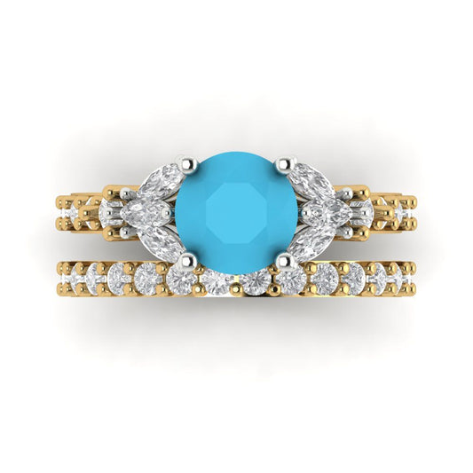 2.94 cttw Round Cut Simulated Turquoise Bridal Set - Solid Yellow/White Gold Engagement Ring & Wedding Band