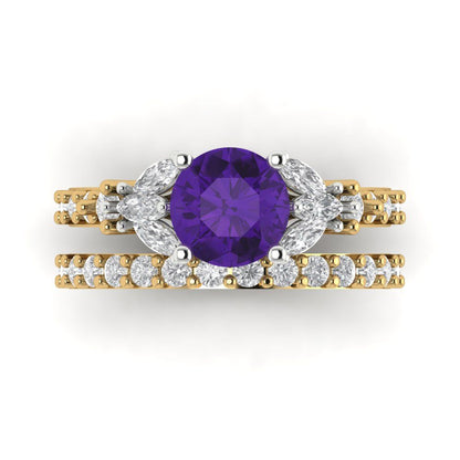 2.94 cttw Round Cut Natural Amethyst Bridal Set - Solid Yellow/White Gold Engagement Ring & Wedding Band