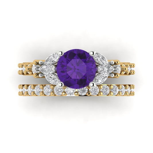 2.94 cttw Round Cut Natural Amethyst Bridal Set - Solid Yellow/White Gold Engagement Ring & Wedding Band