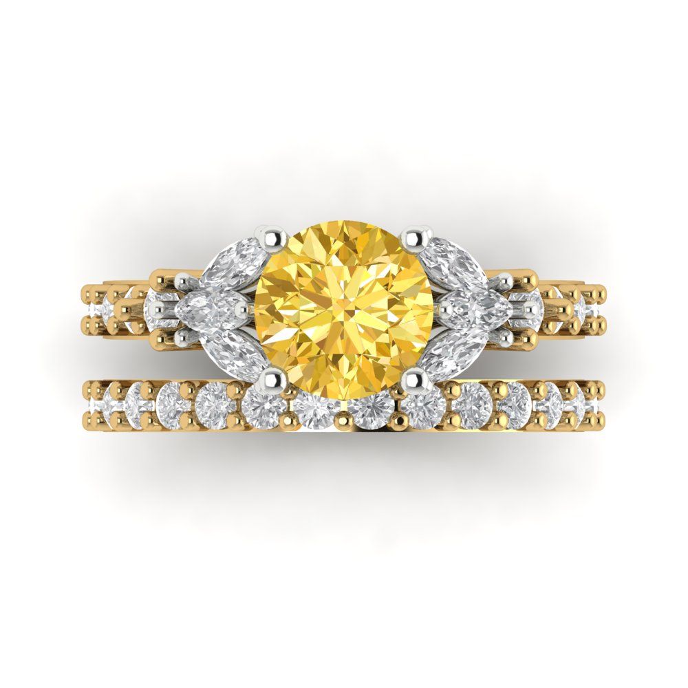 2.94 cttw Round Cut Natural Citrine Bridal Set - Solid Yellow/White Gold Engagement Ring & Wedding Band