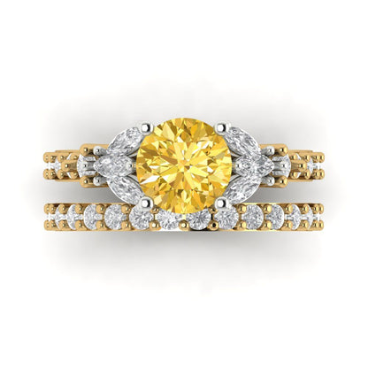 2.94 cttw Round Cut Natural Citrine Bridal Set - Solid Yellow/White Gold Engagement Ring & Wedding Band