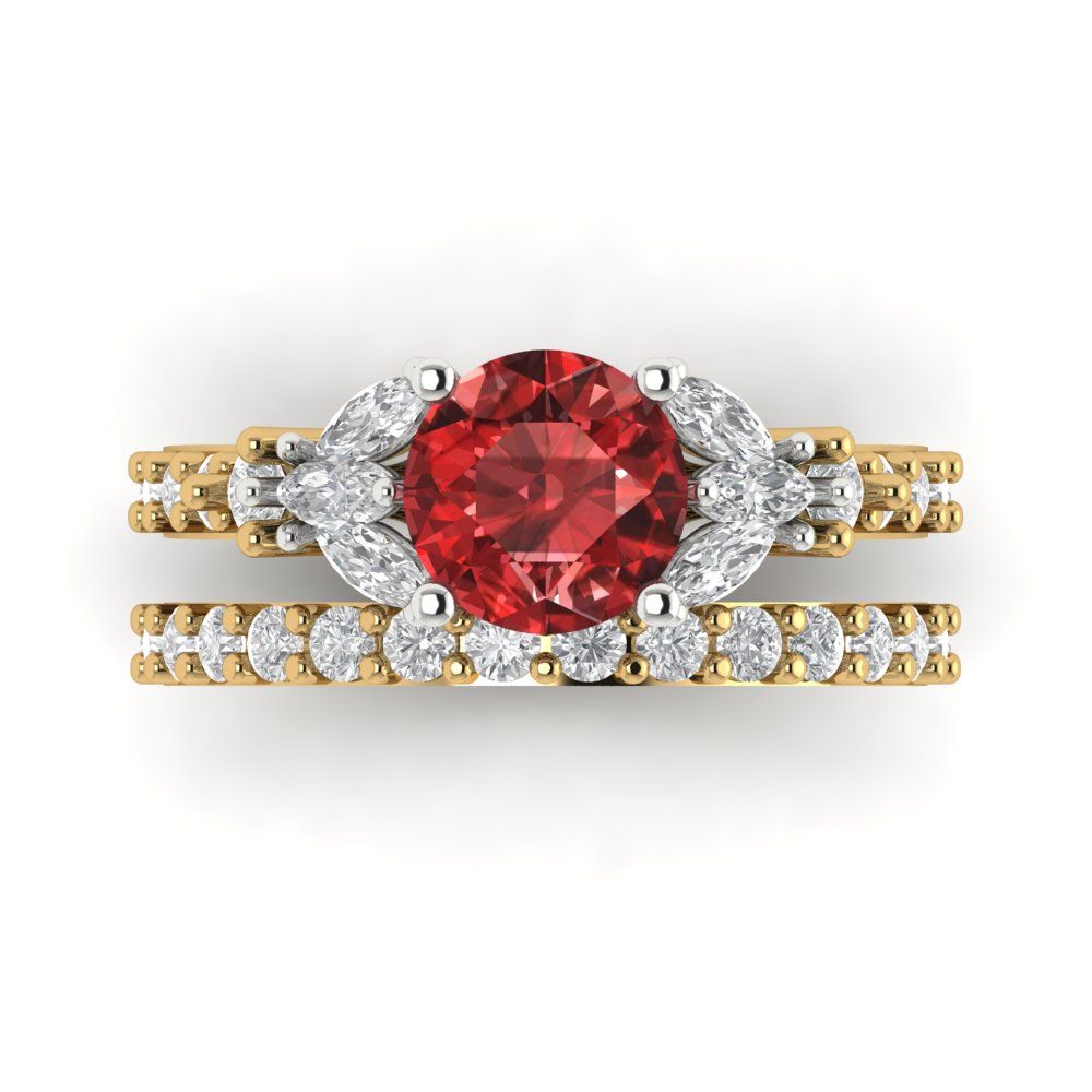 2.94 cttw Round Cut Natural Garnet Bridal Set - Solid Yellow/White Gold Engagement Ring & Wedding Band