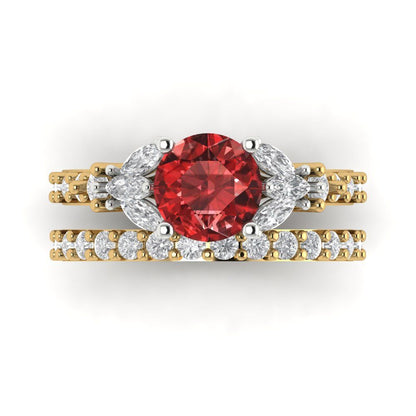 2.94 cttw Round Cut Natural Garnet Bridal Set - Solid Yellow/White Gold Engagement Ring & Wedding Band