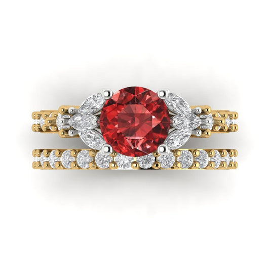 2.94 cttw Round Cut Natural Garnet Bridal Set - Solid Yellow/White Gold Engagement Ring & Wedding Band