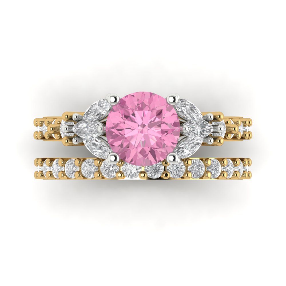 2.94 cttw Round Cut Simulated Pink Diamond Bridal Set - Solid Yellow/White Gold Engagement Ring & Wedding Band