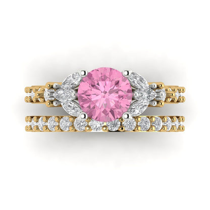 2.94 cttw Round Cut Simulated Pink Diamond Bridal Set - Solid Yellow/White Gold Engagement Ring & Wedding Band