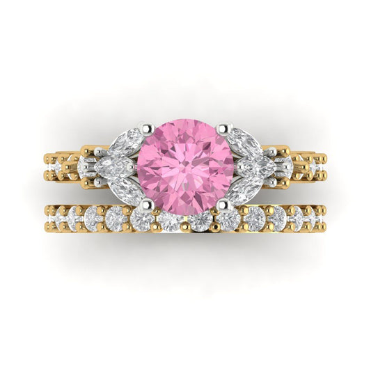 2.94 cttw Round Cut Simulated Pink Diamond Bridal Set - Solid Yellow/White Gold Engagement Ring & Wedding Band