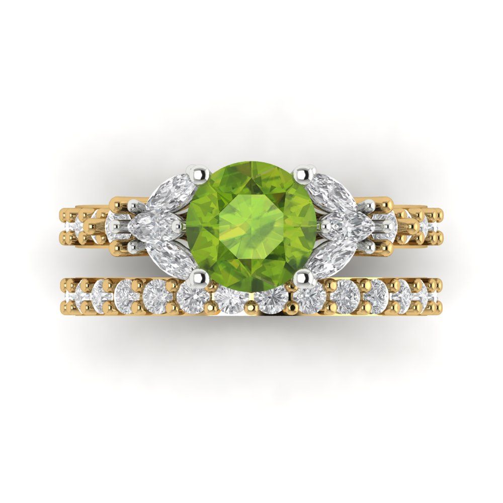 2.94 cttw Round Cut Natural Peridot Bridal Set - Solid Yellow/White Gold Engagement Ring & Wedding Band