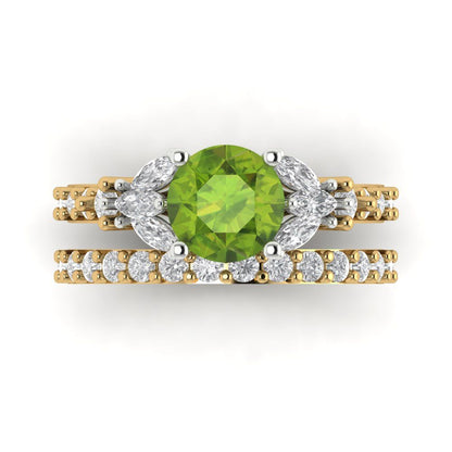 2.94 cttw Round Cut Natural Peridot Bridal Set - Solid Yellow/White Gold Engagement Ring & Wedding Band