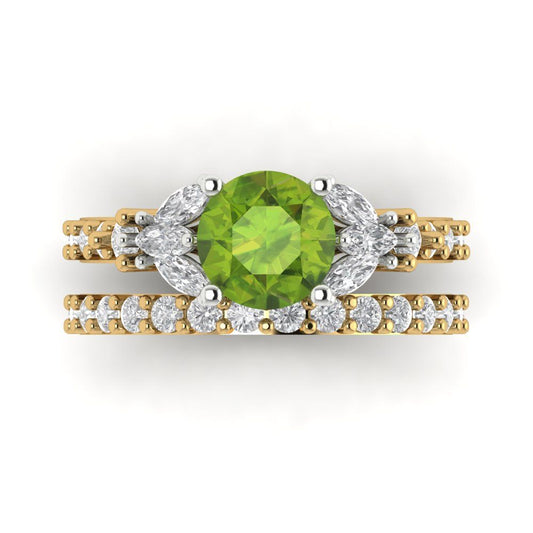 2.94 cttw Round Cut Natural Peridot Bridal Set - Solid Yellow/White Gold Engagement Ring & Wedding Band