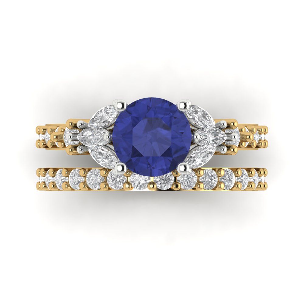 2.94 cttw Round Cut Simulated Tanzanite Bridal Set - Solid Yellow/White Gold Engagement Ring & Wedding Band