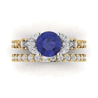 2.94 cttw Round Cut Simulated Tanzanite Bridal Set - Solid Yellow/White Gold Engagement Ring & Wedding Band