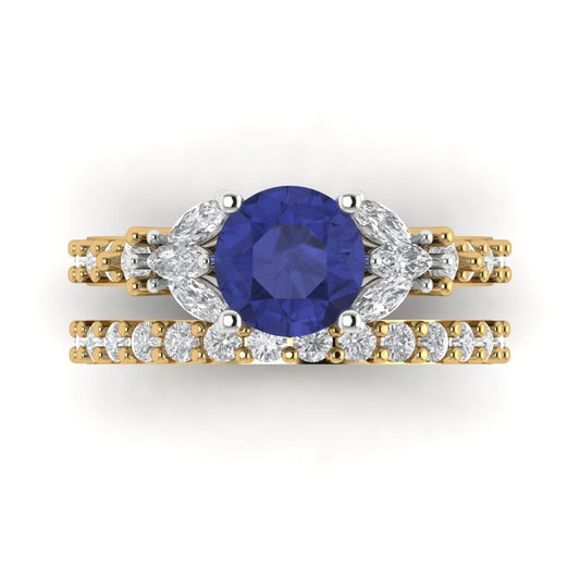 2.94 cttw Round Cut Simulated Tanzanite Bridal Set - Solid Yellow/White Gold Engagement Ring & Wedding Band