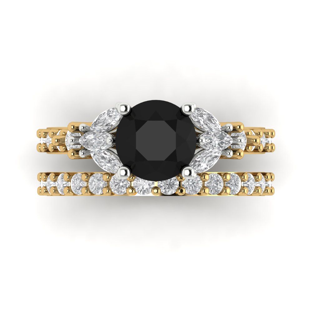 2.94 cttw Round Cut Natural Onyx Bridal Set - Solid Yellow/White Gold Engagement Ring & Wedding Band