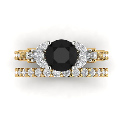 2.94 cttw Round Cut Natural Onyx Bridal Set - Solid Yellow/White Gold Engagement Ring & Wedding Band