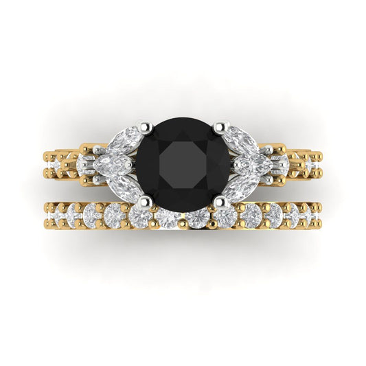 2.94 cttw Round Cut Natural Onyx Bridal Set - Solid Yellow/White Gold Engagement Ring & Wedding Band