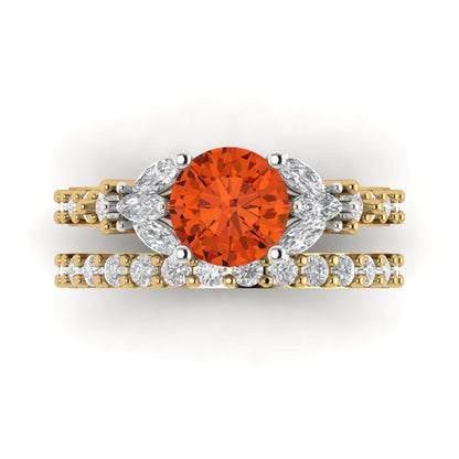 2.94 cttw Round Cut Simulated Red Diamond Bridal Set - Solid Yellow/White Gold Engagement Ring & Wedding Band