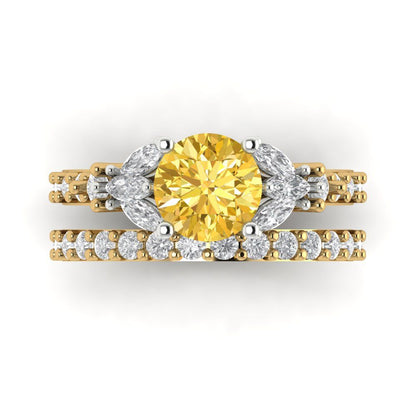 2.94 cttw Round Cut Simulated Yellow Diamond Bridal Set - Solid Yellow/White Gold Engagement Ring & Wedding Band