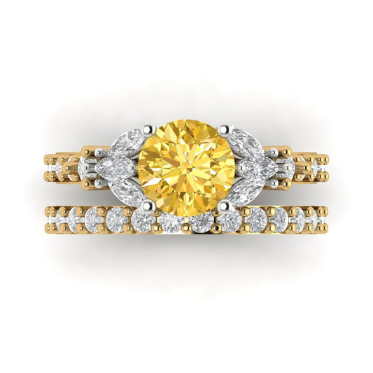 2.94 cttw Round Cut Simulated Yellow Diamond Bridal Set - Solid Yellow/White Gold Engagement Ring & Wedding Band