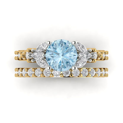 2.94 cttw Round Cut Natural Aquamarine Bridal Set - Solid Yellow/White Gold Engagement Ring & Wedding Band