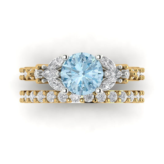 2.94 cttw Round Cut Natural Aquamarine Bridal Set - Solid Yellow/White Gold Engagement Ring & Wedding Band
