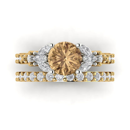 2.94 cttw Round Cut Simulated Champagne Diamond Bridal Set - Solid Yellow/White Gold Engagement Ring & Wedding Band