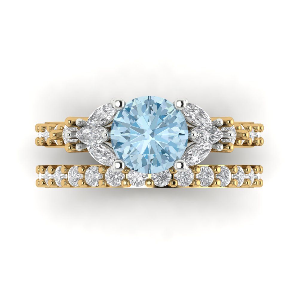 2.94 cttw Round Cut Natural Swiss Blue Topaz Bridal Set - Solid Yellow/White Gold Engagement Ring & Wedding Band