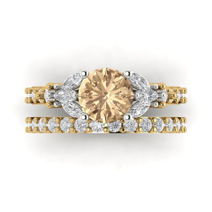 2.94 cttw Round Cut Yellow Moissanite Bridal Set - Solid Yellow/White Gold Engagement Ring & Wedding Band