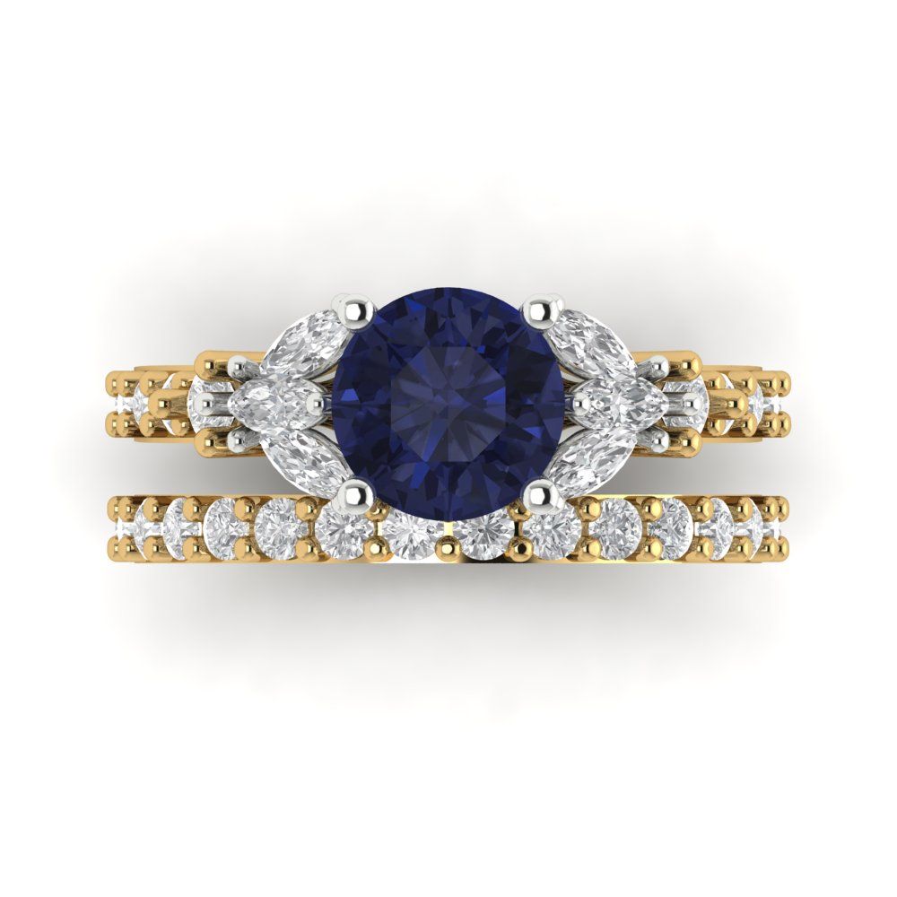 2.94 cttw Round Cut Simulated Blue Sapphire Bridal Set - Solid Yellow/White Gold Engagement Ring & Wedding Band