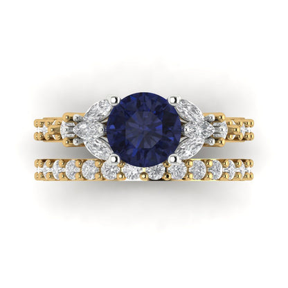 2.94 cttw Round Cut Simulated Blue Sapphire Bridal Set - Solid Yellow/White Gold Engagement Ring & Wedding Band