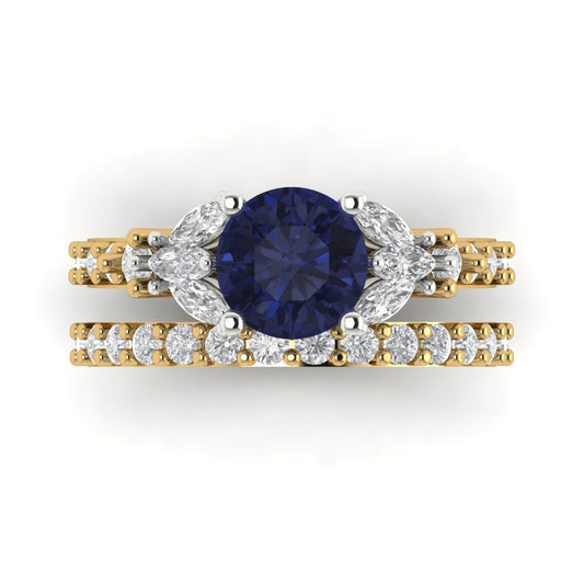 2.94 cttw Round Cut Simulated Blue Sapphire Bridal Set - Solid Yellow/White Gold Engagement Ring & Wedding Band
