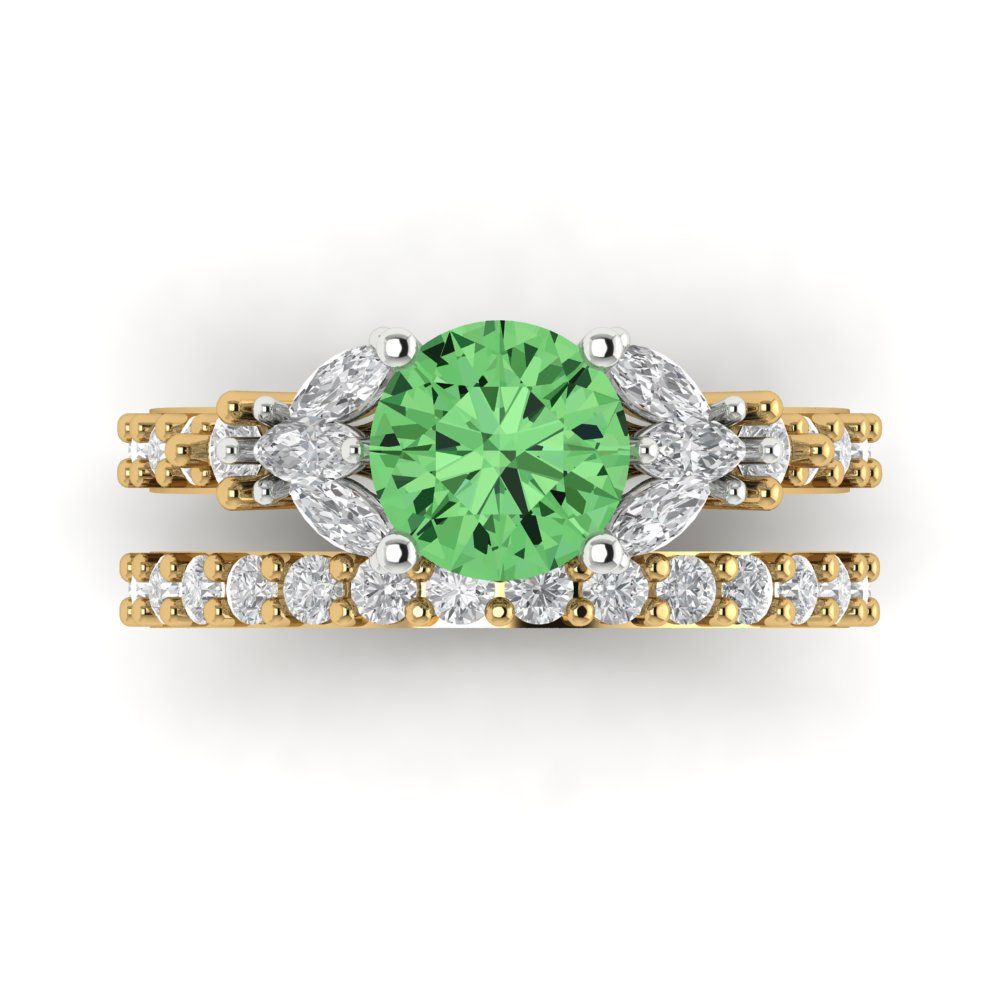 2.94 cttw Round Cut Simulated Green Diamond Bridal Set - Solid Yellow/White Gold Engagement Ring & Wedding Band