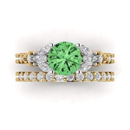 2.94 cttw Round Cut Simulated Green Diamond Bridal Set - Solid Yellow/White Gold Engagement Ring & Wedding Band