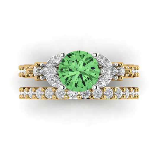 2.94 cttw Round Cut Simulated Green Diamond Bridal Set - Solid Yellow/White Gold Engagement Ring & Wedding Band