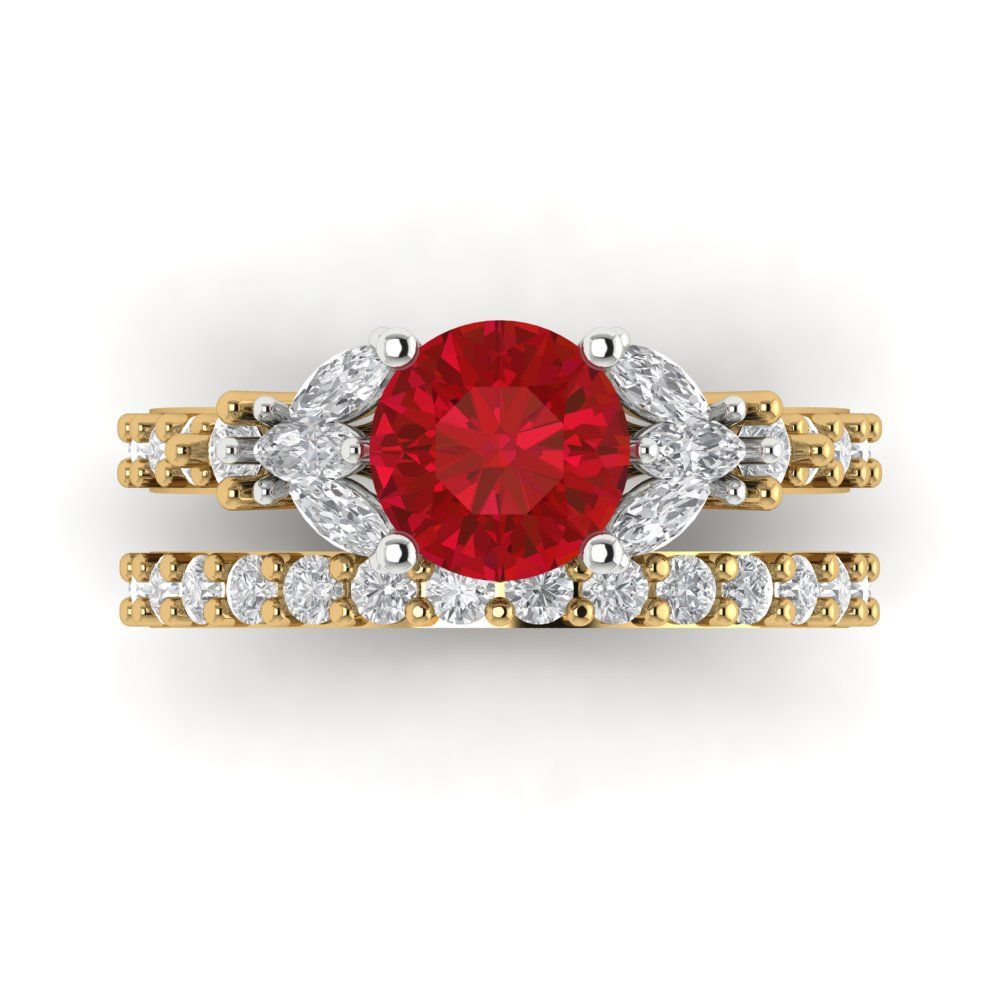 2.94 cttw Round Cut Simulated Pink Tourmaline Bridal Set - Solid Yellow/White Gold Engagement Ring & Wedding Band