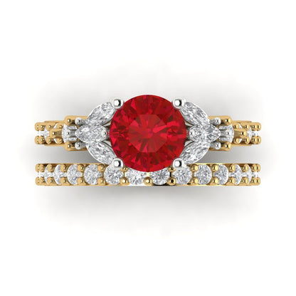 2.94 cttw Round Cut Simulated Pink Tourmaline Bridal Set - Solid Yellow/White Gold Engagement Ring & Wedding Band