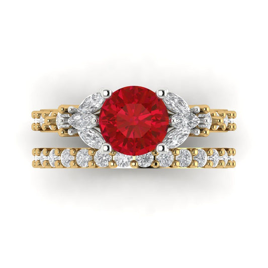 2.94 cttw Round Cut Simulated Pink Tourmaline Bridal Set - Solid Yellow/White Gold Engagement Ring & Wedding Band