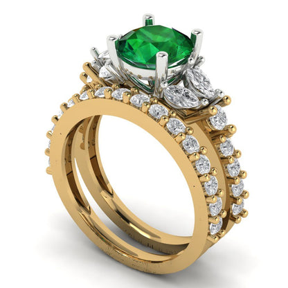 2.94 cttw Round Cut Simulated Emerald Bridal Set - Solid Yellow/White Gold Engagement Ring & Wedding Band